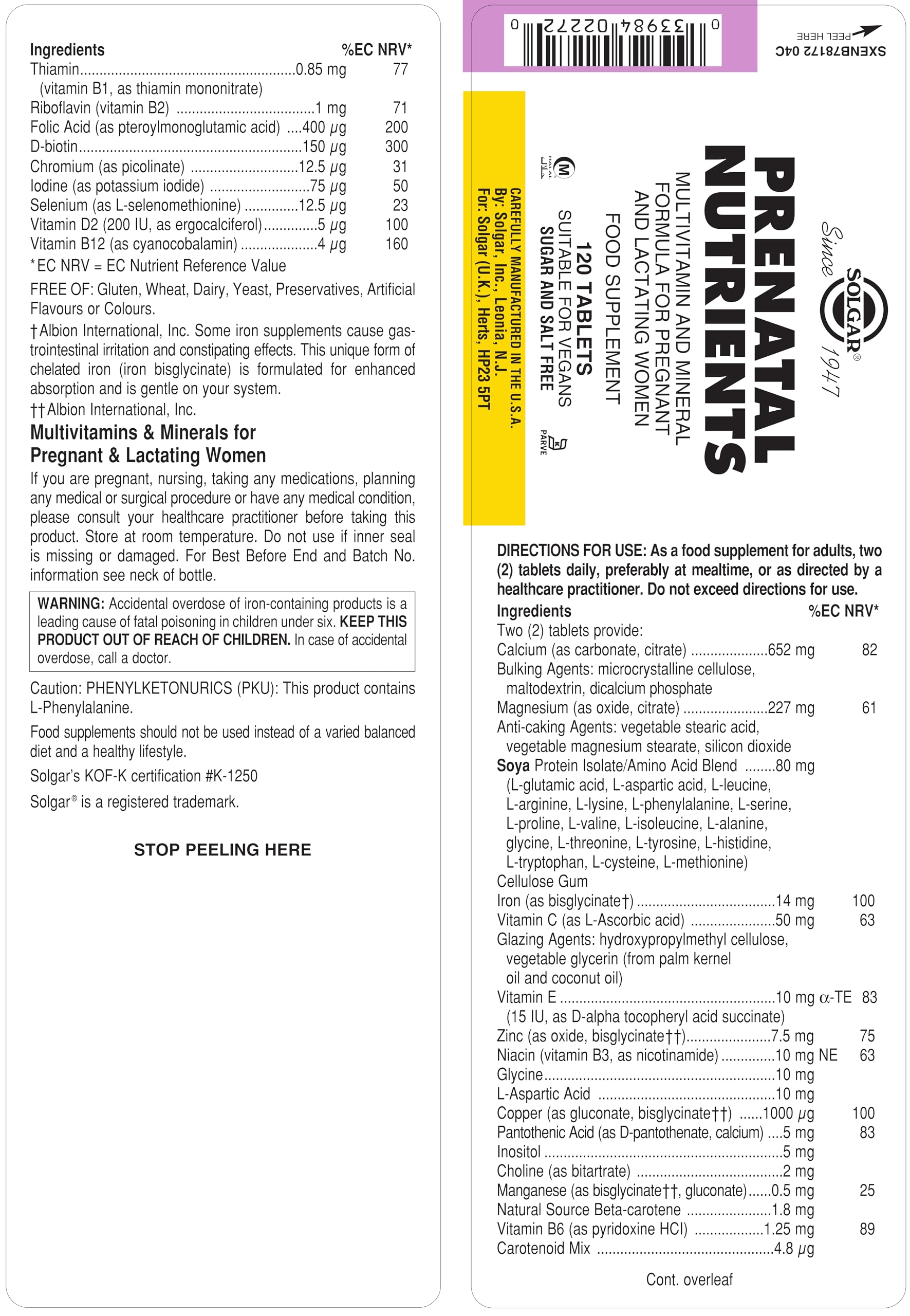 Solgar Prenatal Nutrients supplement facts panel