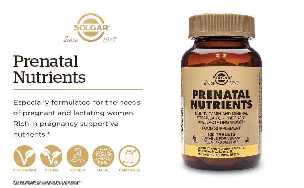 Solgar Prenatal Nutrients packaging and bottle on white background