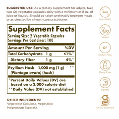 Close-up of Solgar Psyllium Husks Fiber label showing 500 mg