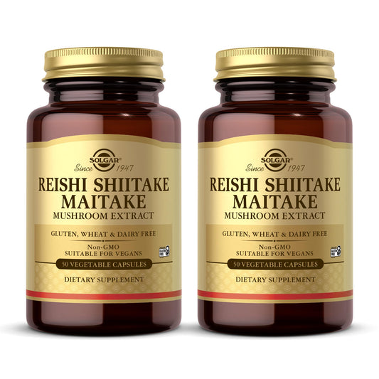 Solgar Reishi Shiitake Maitake 50 Veg Capsules bottle and label
