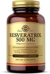 Solgar Resveratrol 500 mg bottle with 30 vegetable capsules