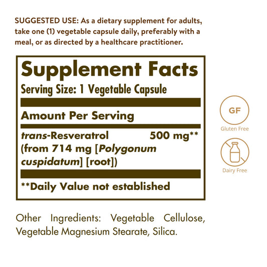 Close-up of Solgar Resveratrol 500 mg bottle label