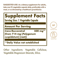 Close-up of Solgar Resveratrol 500 mg bottle label