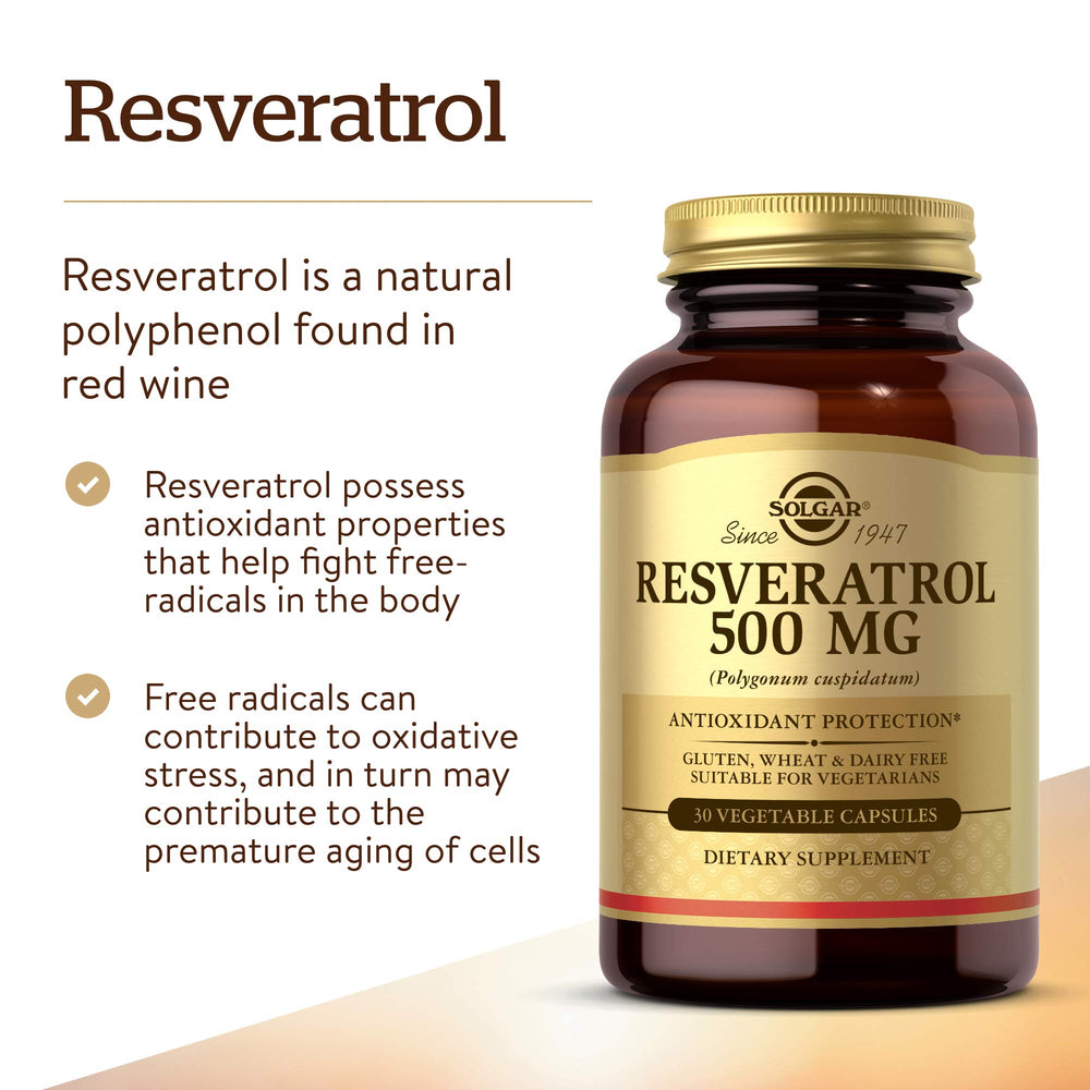 Kosher certified and gluten-free indication on Solgar Resveratrol label