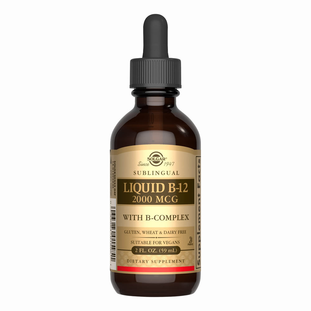 Front view of Solgar Sublingual Liquid B-12 with B-Complex bottle, 2 oz
