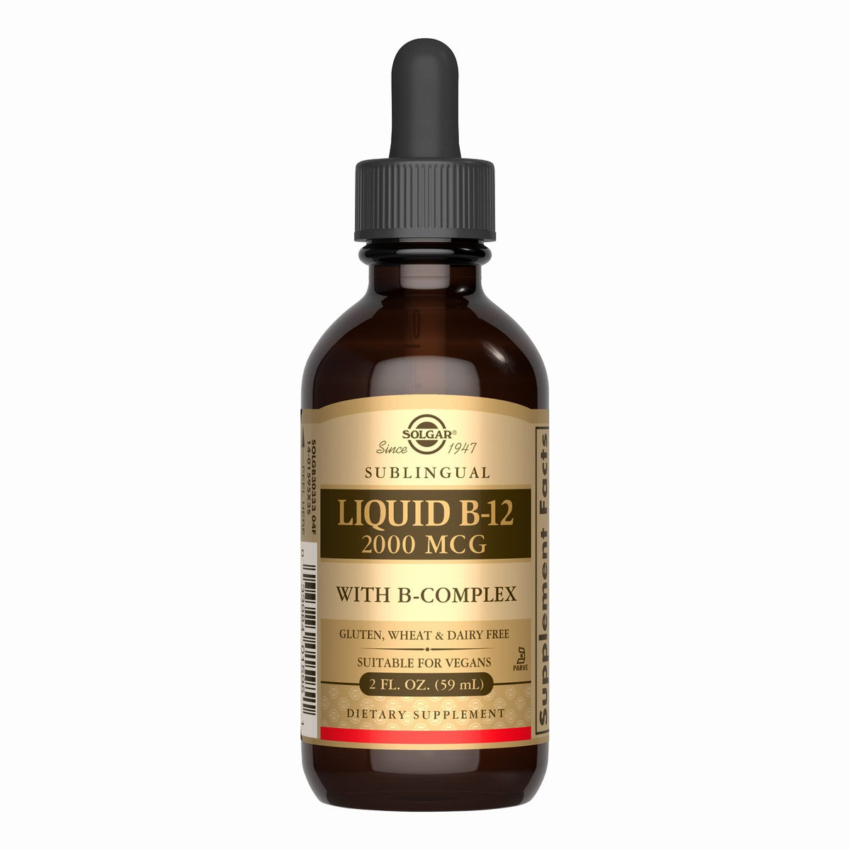 Front view of Solgar Sublingual Liquid B-12 with B-Complex bottle, 2 oz