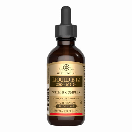 Front view of Solgar Sublingual Liquid B-12 with B-Complex bottle, 2 oz