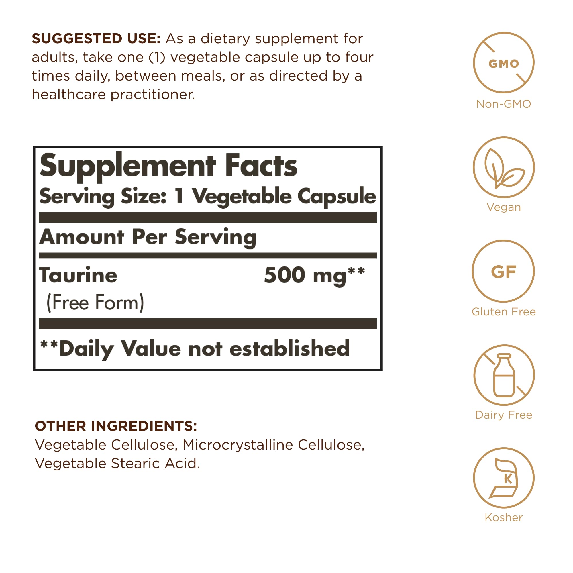Nutrition facts for Solgar Taurine 500 mg