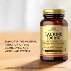 Solgar Taurine 500 mg packaging and certifications