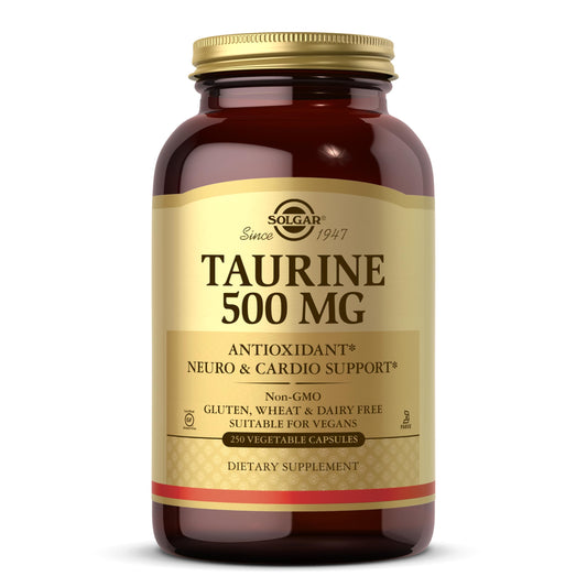 Solgar Taurine 500 mg bottle and capsules
