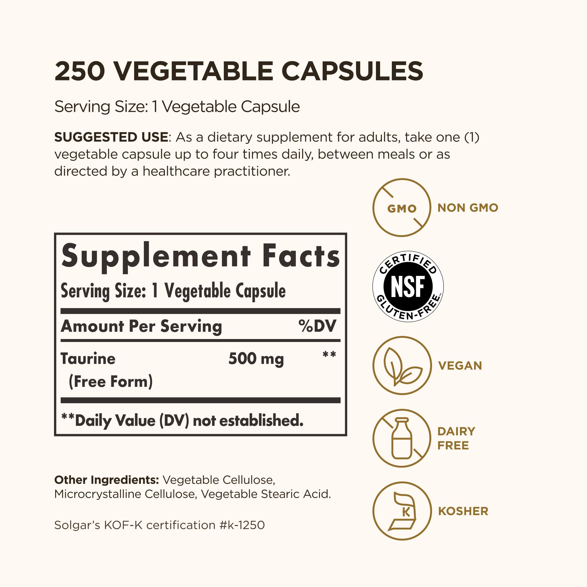 Close-up of Solgar Taurine 500 mg label
