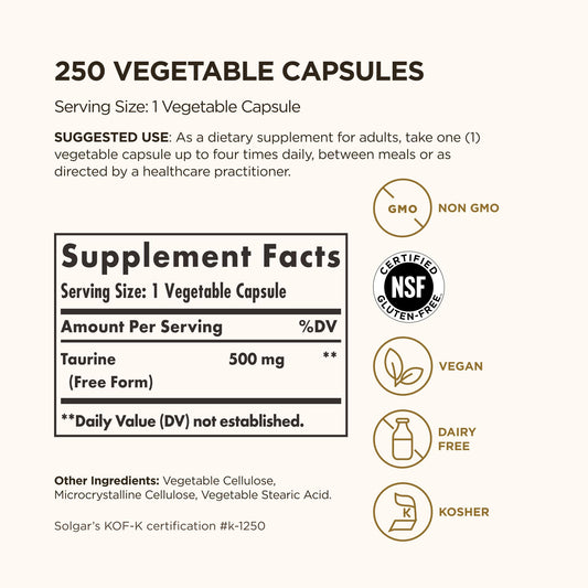 Close-up of Solgar Taurine 500 mg label