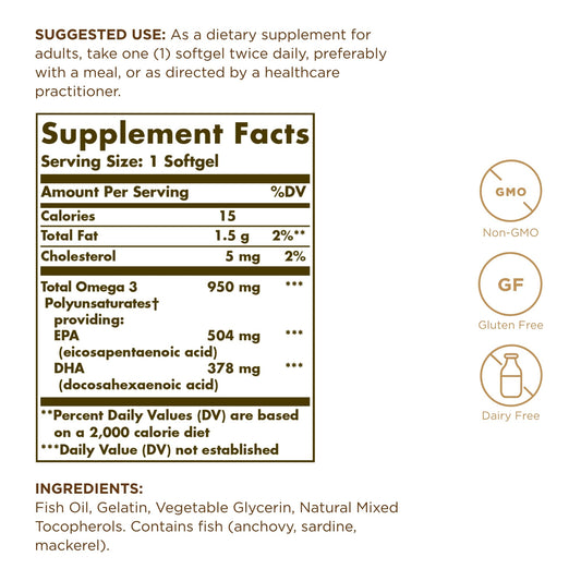 Front view of Solgar Omega-3 950 mg bottle showing label