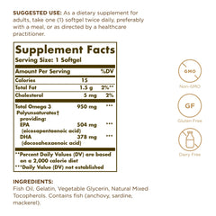 Front view of Solgar Omega-3 950 mg bottle showing label