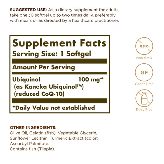 Solgar ubiquinol 100 mg softgels serving bottle