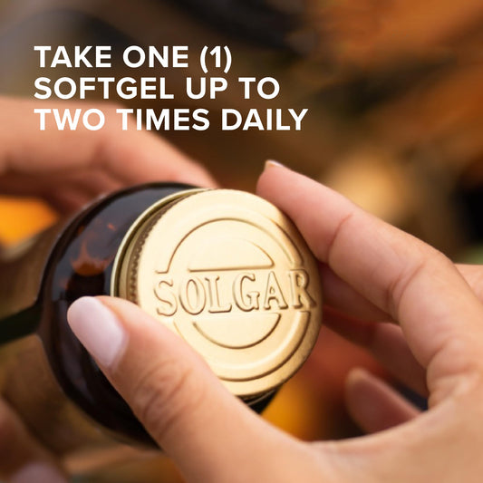 Close-up of Solgar Ubiquinol 100 mg softgel capsules
