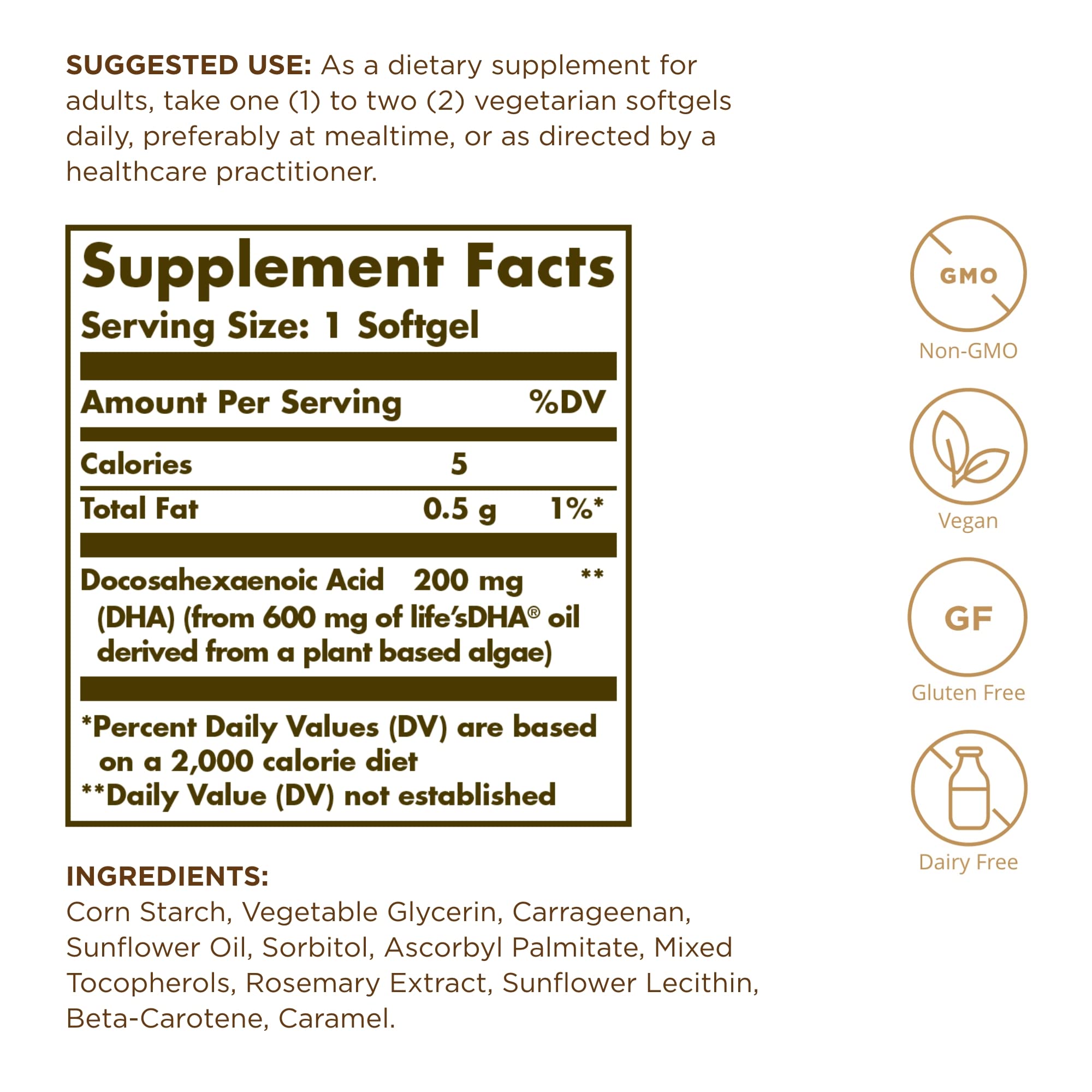 Close-up of Solgar DHA 200 mg label