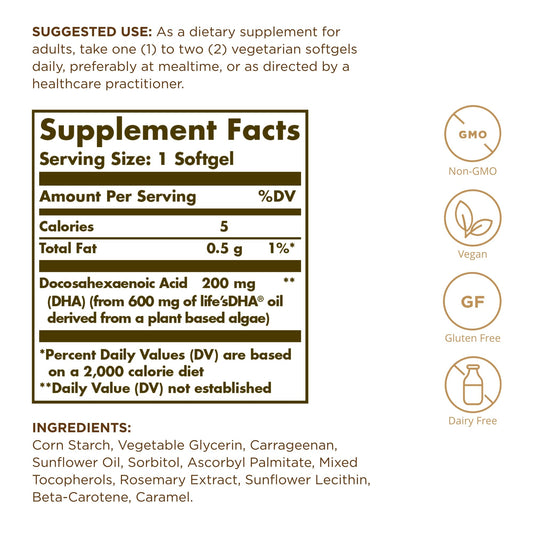 Close-up of Solgar DHA 200 mg label