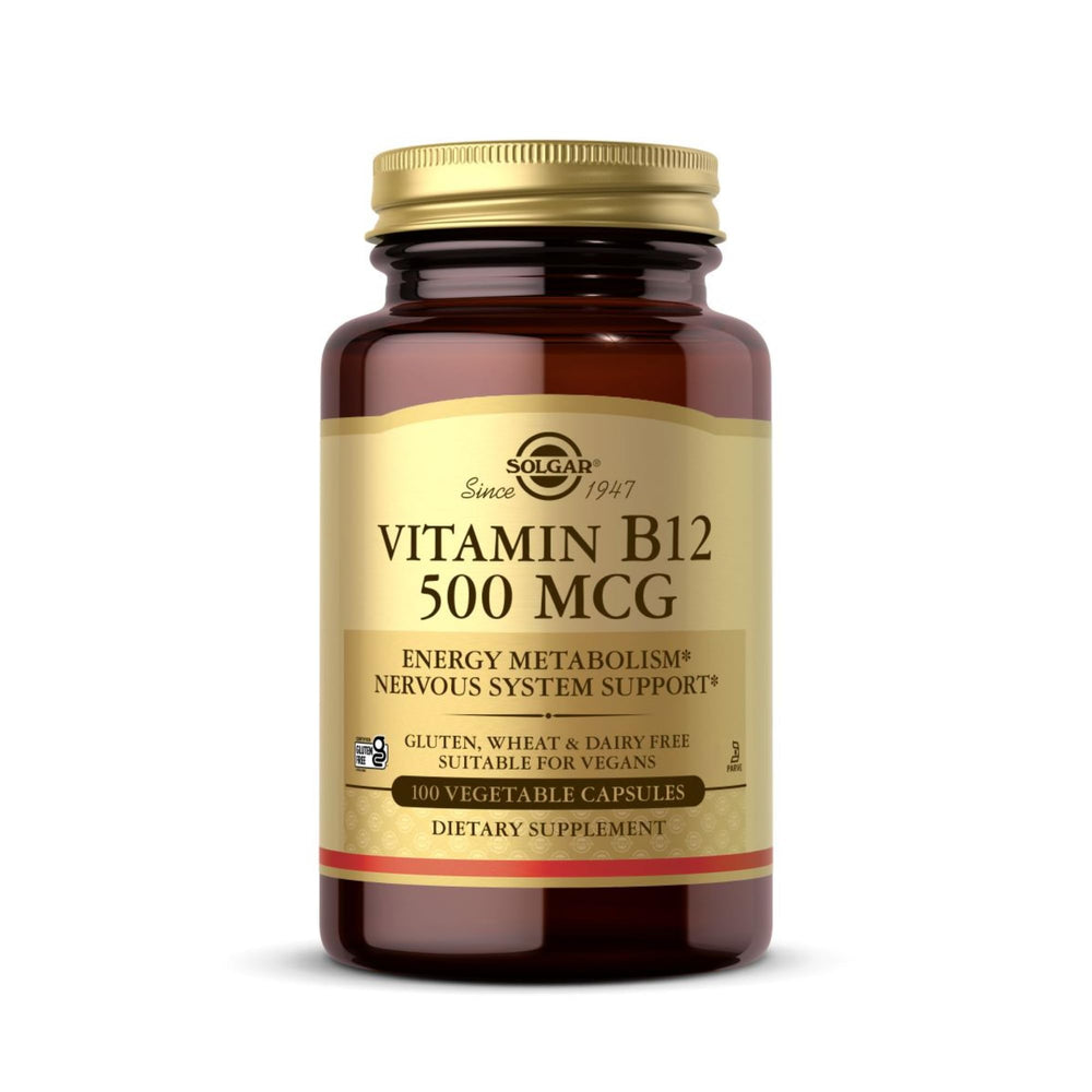 Solgar Vitamin B12 500 mcg bottle containing 100 vegetarian capsules