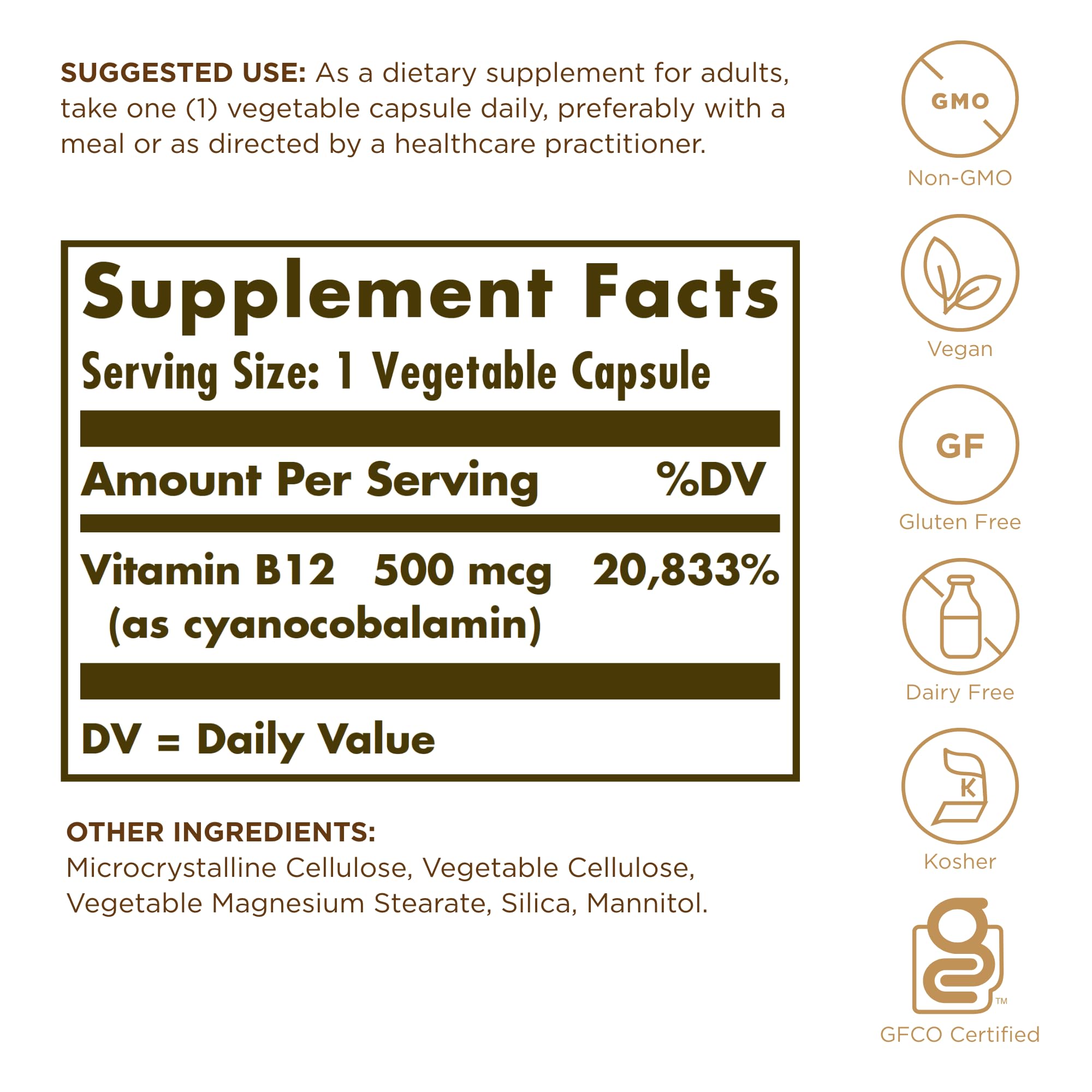 Close-up of Solgar Vitamin B12 500 mcg label