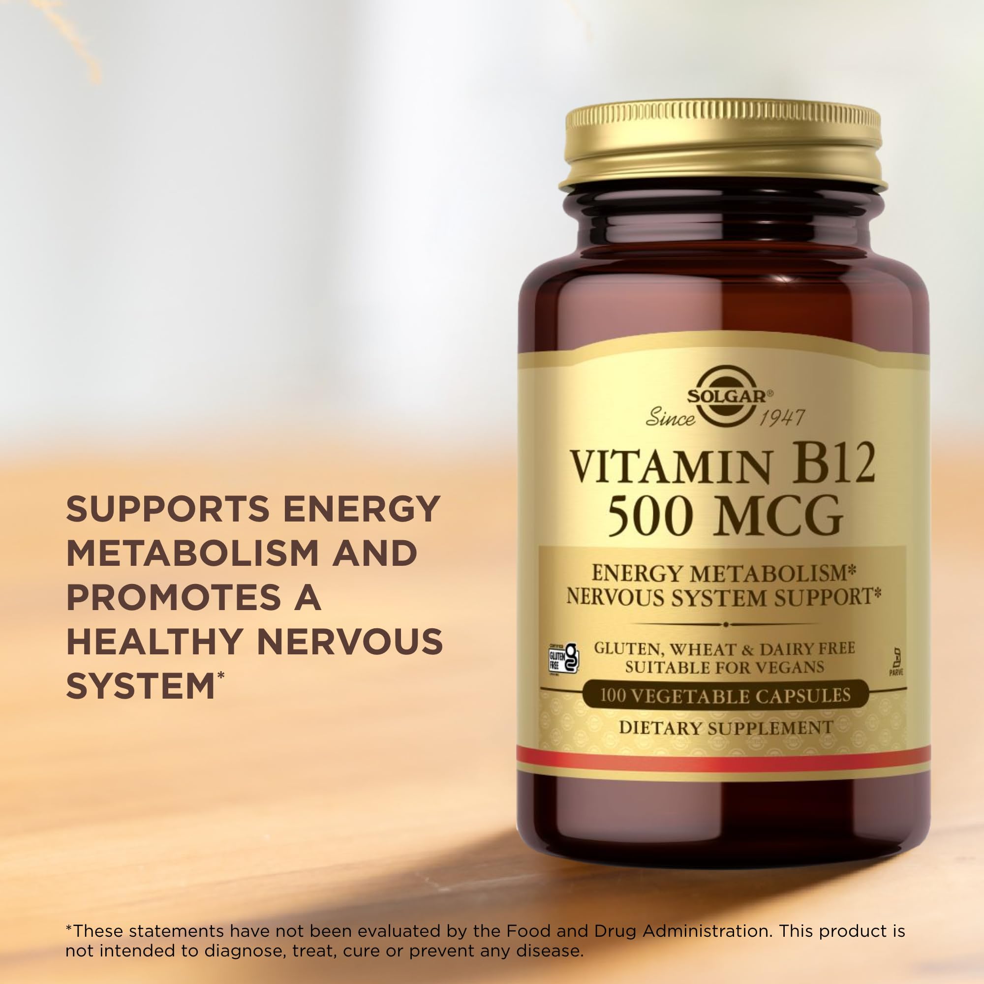 Gluten-free, dairy-free, vegan and non-GMO Solgar B12 label