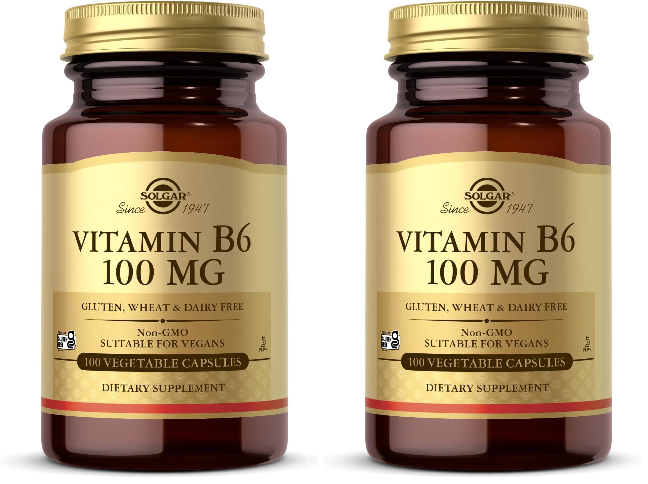Solgar Vitamin B6 100 mg bottle front view - 100 vegetable capsules