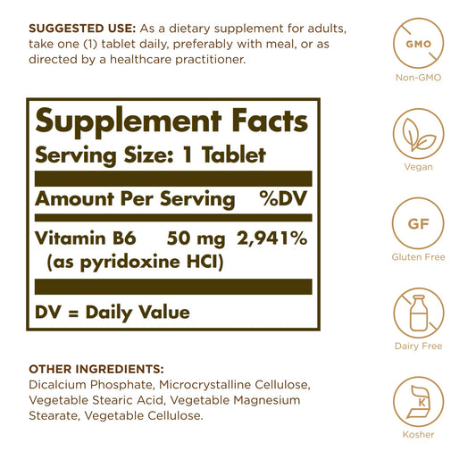 Solgar Vitamin B6 50 mg tablets in bottle