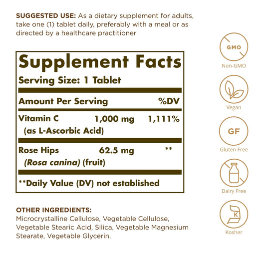 Solgar Vitamin C 1000 mg with Rose Hips bottle on table