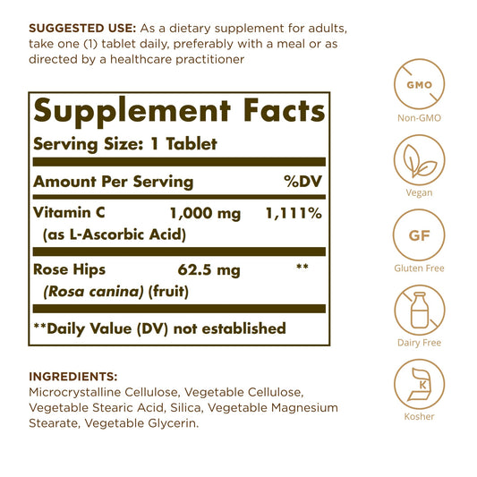 Solgar Vitamin C 1000 mg with Rose Hips packaging and bottle