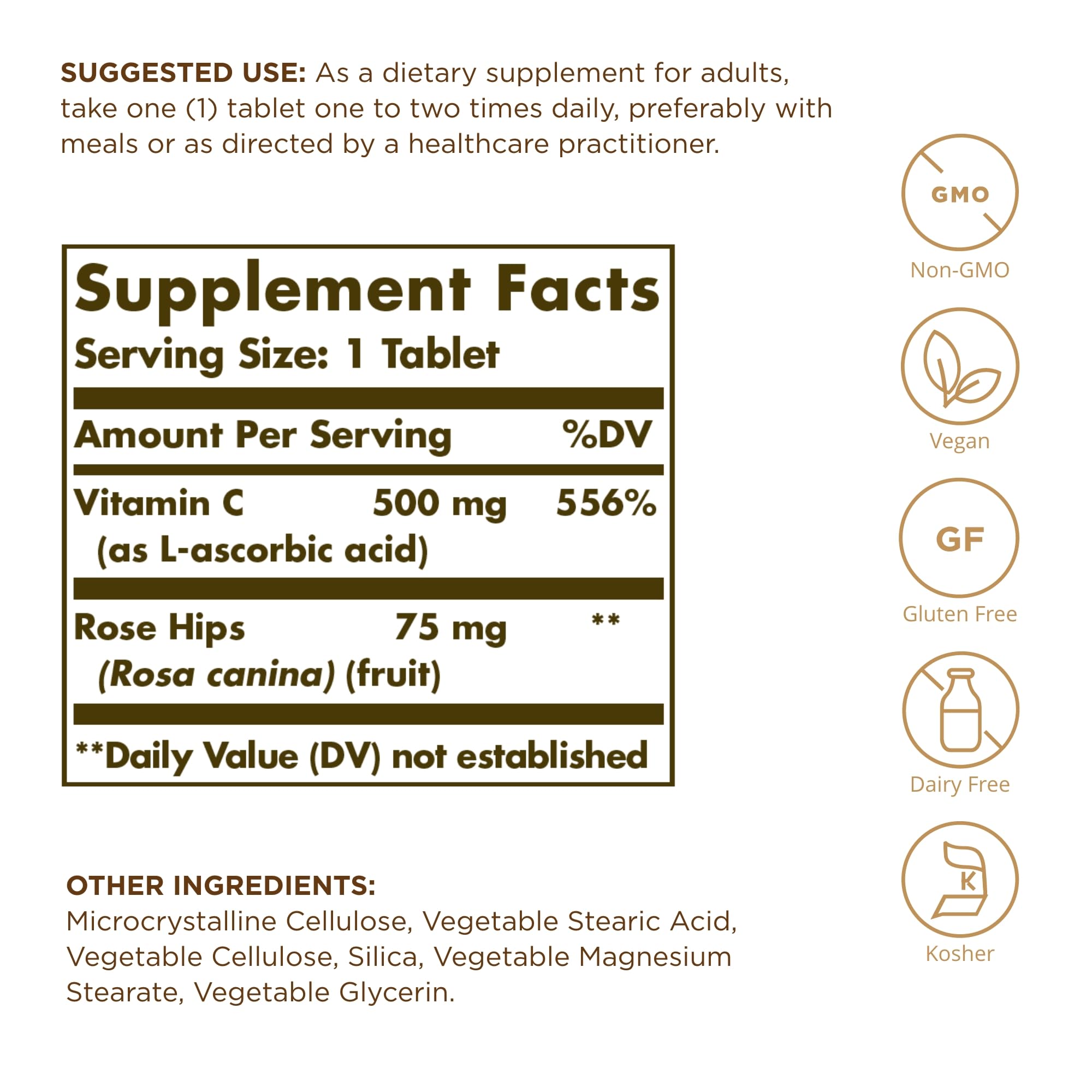 Close-up of Solgar Vitamin C 500 mg with Rose Hips label