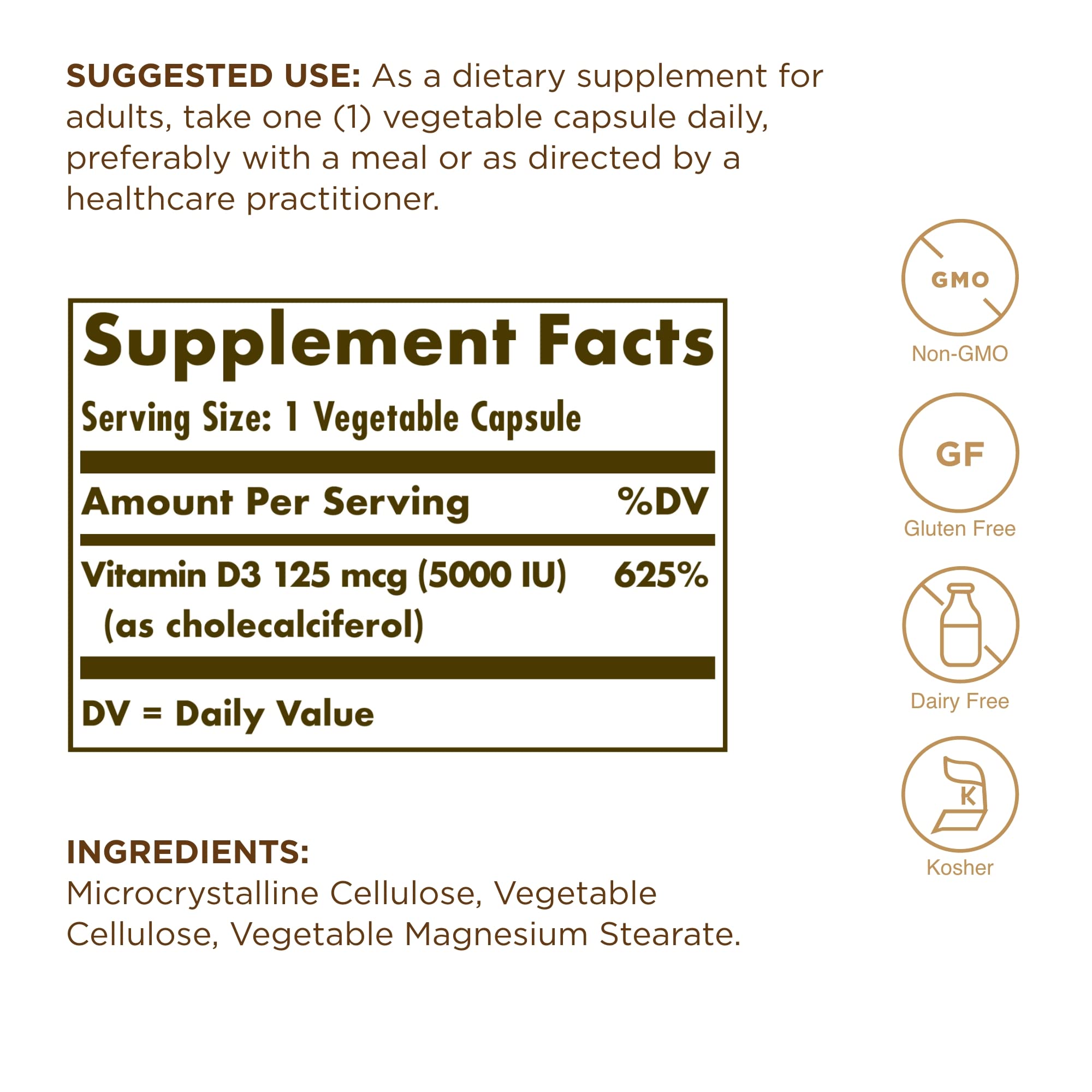 Solgar Vitamin D3 125 mcg supplement facts label