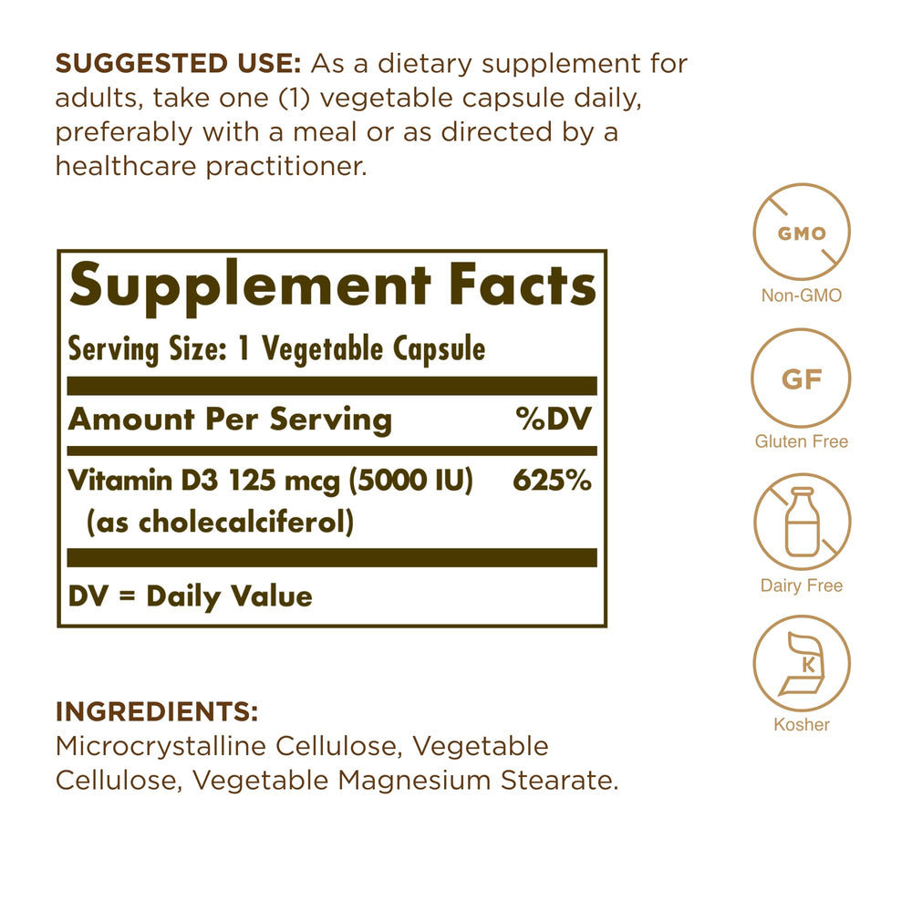 Solgar Vitamin D3 125 mcg supplement facts label