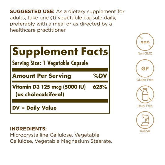 Solgar Vitamin D3 125 mcg supplement facts label