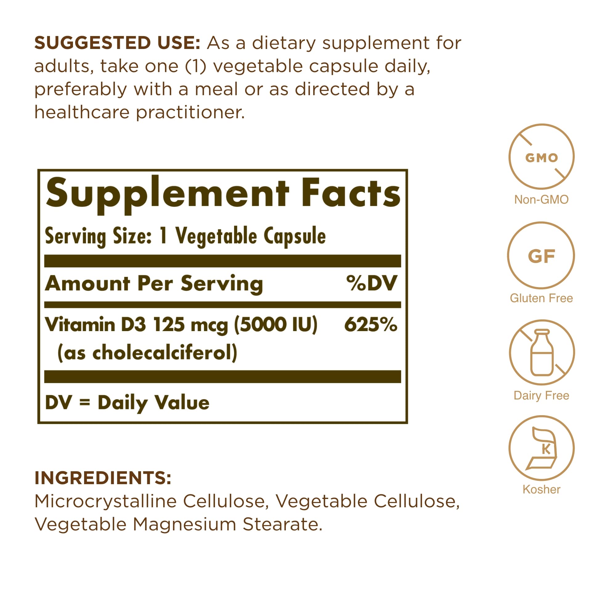 Close-up of Solgar Vitamin D3 125 mcg (5000 IU) label