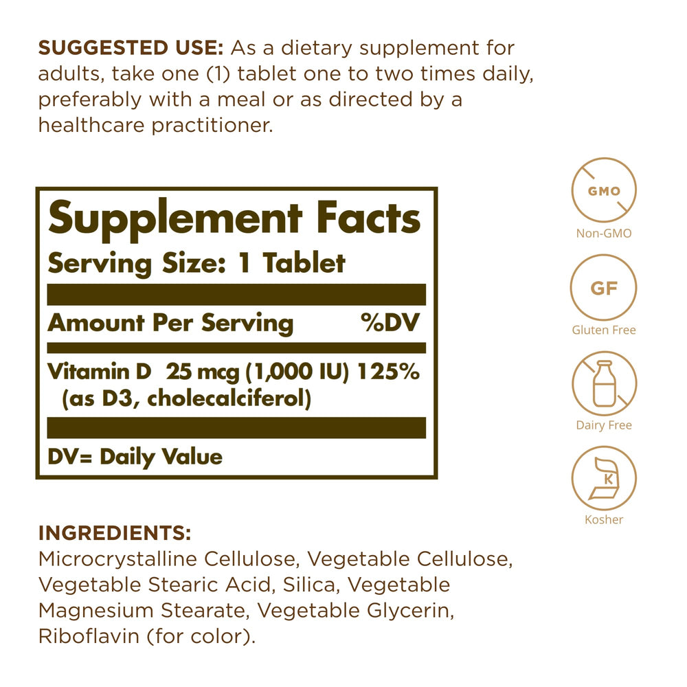 Close-up on label showing 25 mcg (1000 IU)