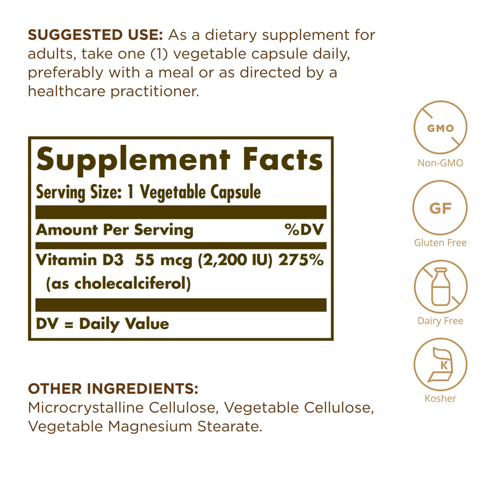 Close-up of Solgar Vitamin D3 50 vegetable capsules