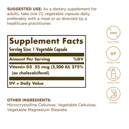 Close-up of Solgar Vitamin D3 50 vegetable capsules