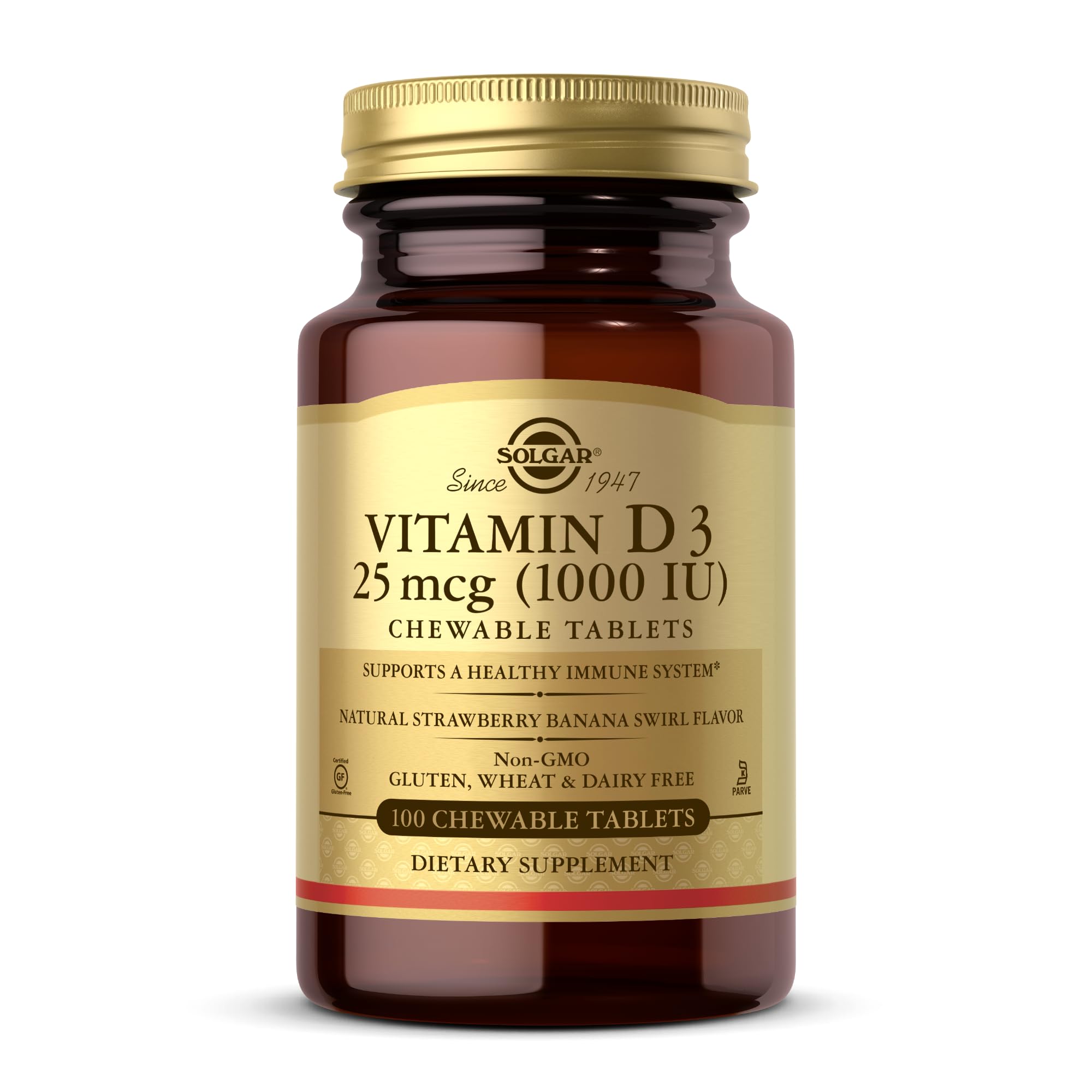Solgar Vitamin D3 bottle front with strawberry banana swirl