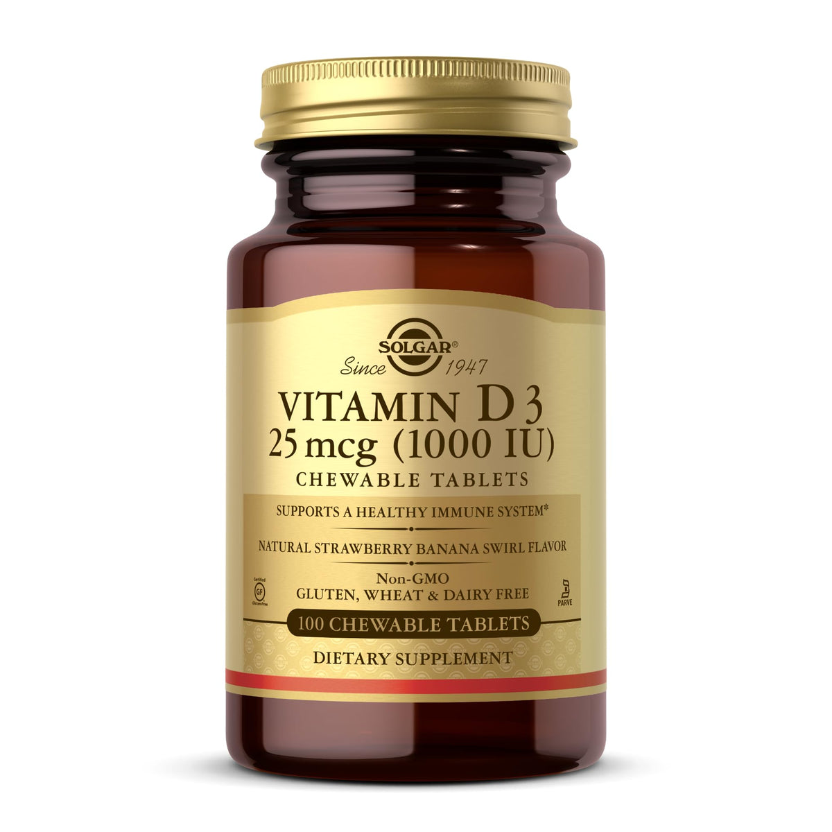 Solgar Vitamin D3 bottle front with strawberry banana swirl