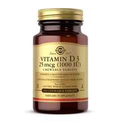 Solgar Vitamin D3 bottle front with strawberry banana swirl
