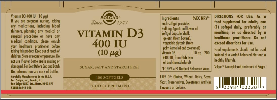 Close-up of Solgar Vitamin D3 softgels label