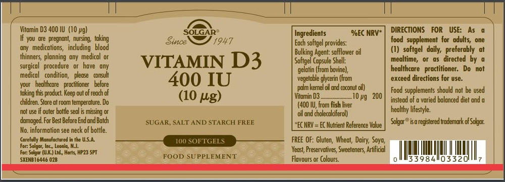 Close-up of Solgar Vitamin D3 softgels label