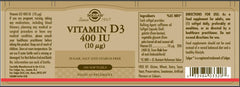 Close-up of Solgar Vitamin D3 softgels label