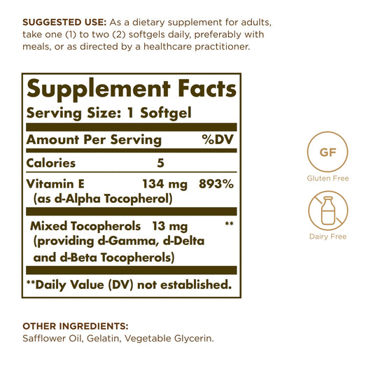Close-up of Solgar Vitamin E 200 IU softgels