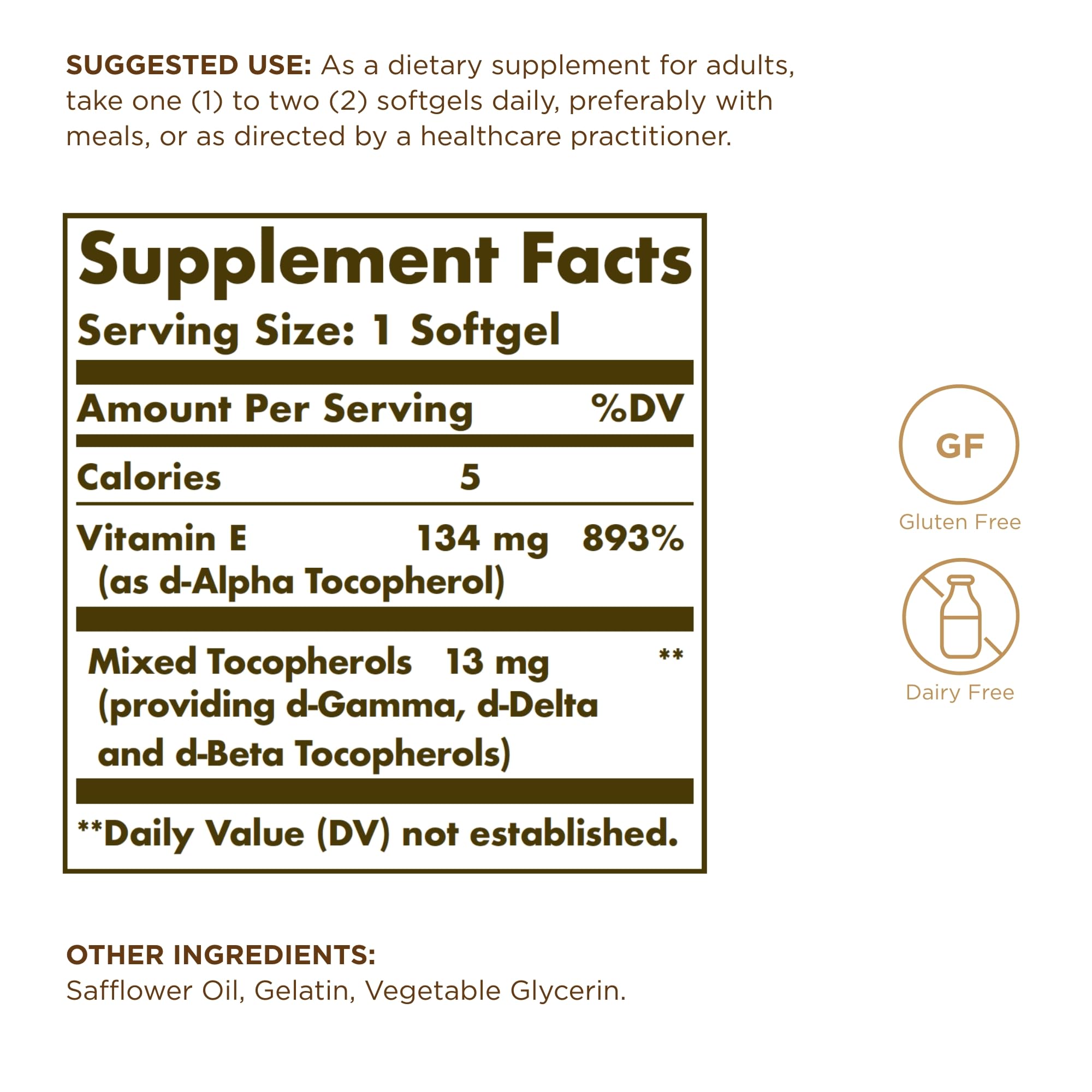 Close-up of Solgar Vitamin E 200 IU bottle label