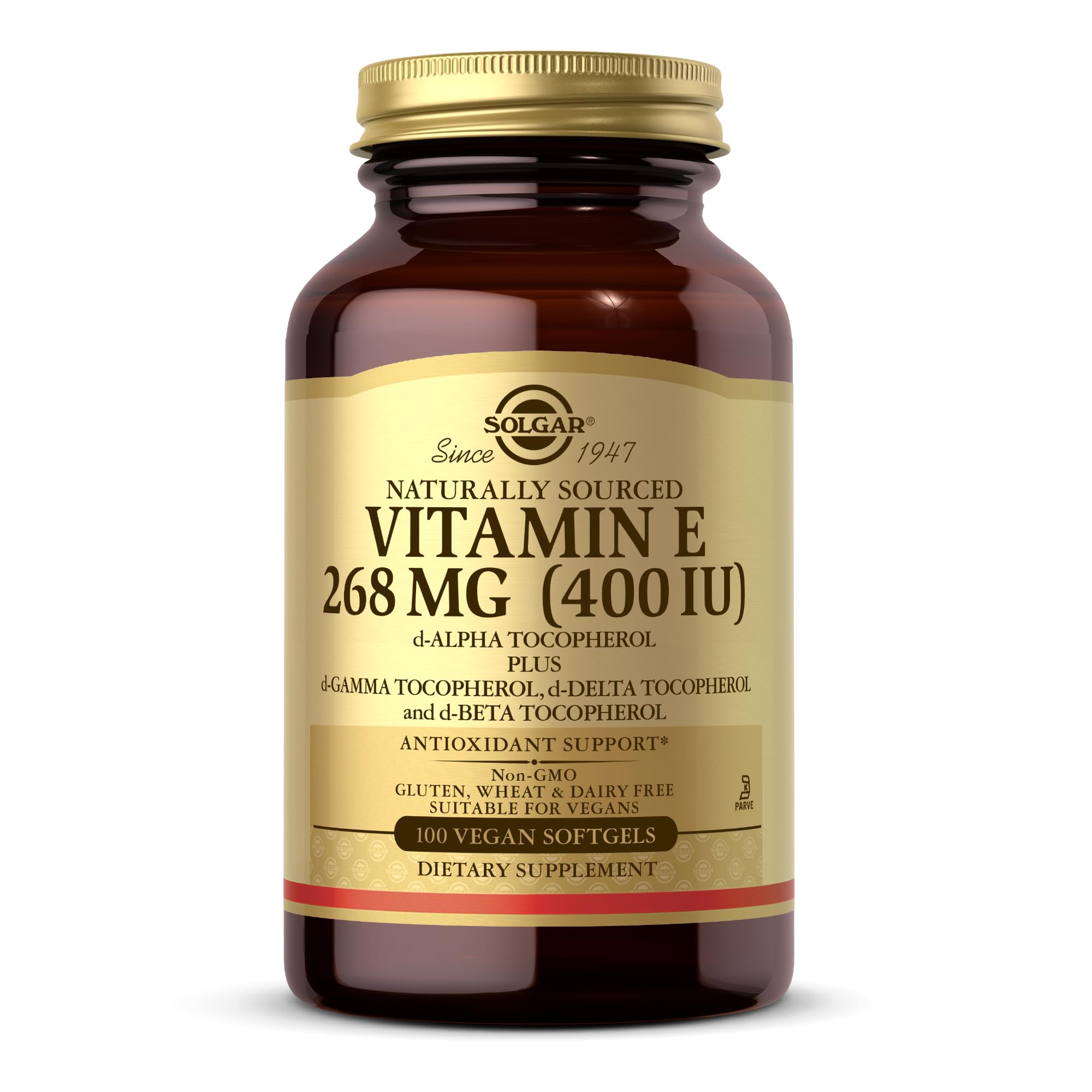 Solgar Vitamin E 268 mg (400 IU) vegan softgels bottle front view