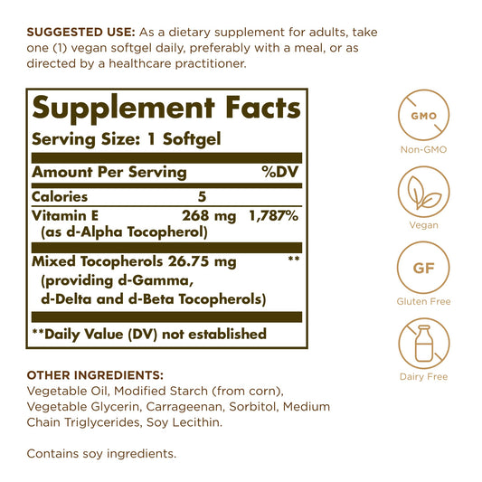 Solgar Vitamin E ingredients panel
