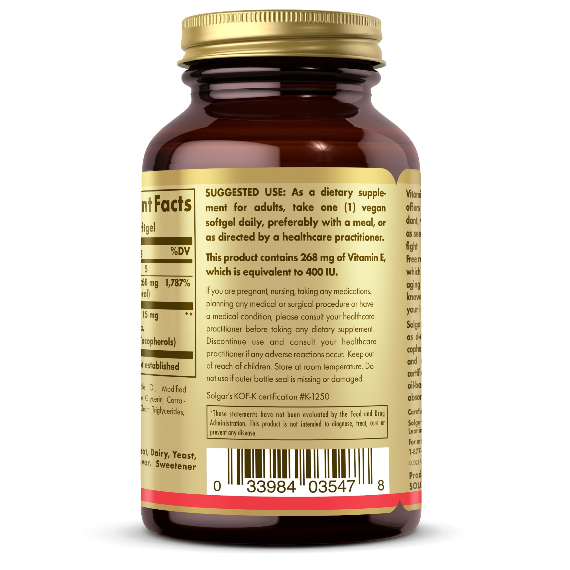 Non-GMO and vegan symbols on Solgar Vitamin E packaging