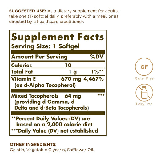 Solgar Vitamin E bottle close-up showing softgels