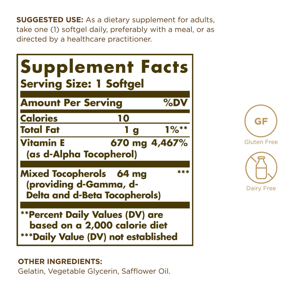 Close-up of Solgar Vitamin E 670 mg (1000 IU) softgels